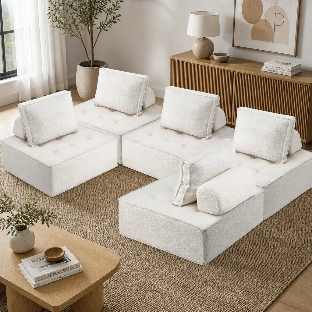 Floor Sofa Lounge Chair 5 Seater White Boucle Fabric High-Density Foam