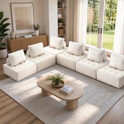 White 6-Seater Floor Sofa Lounge Chair with Cushions