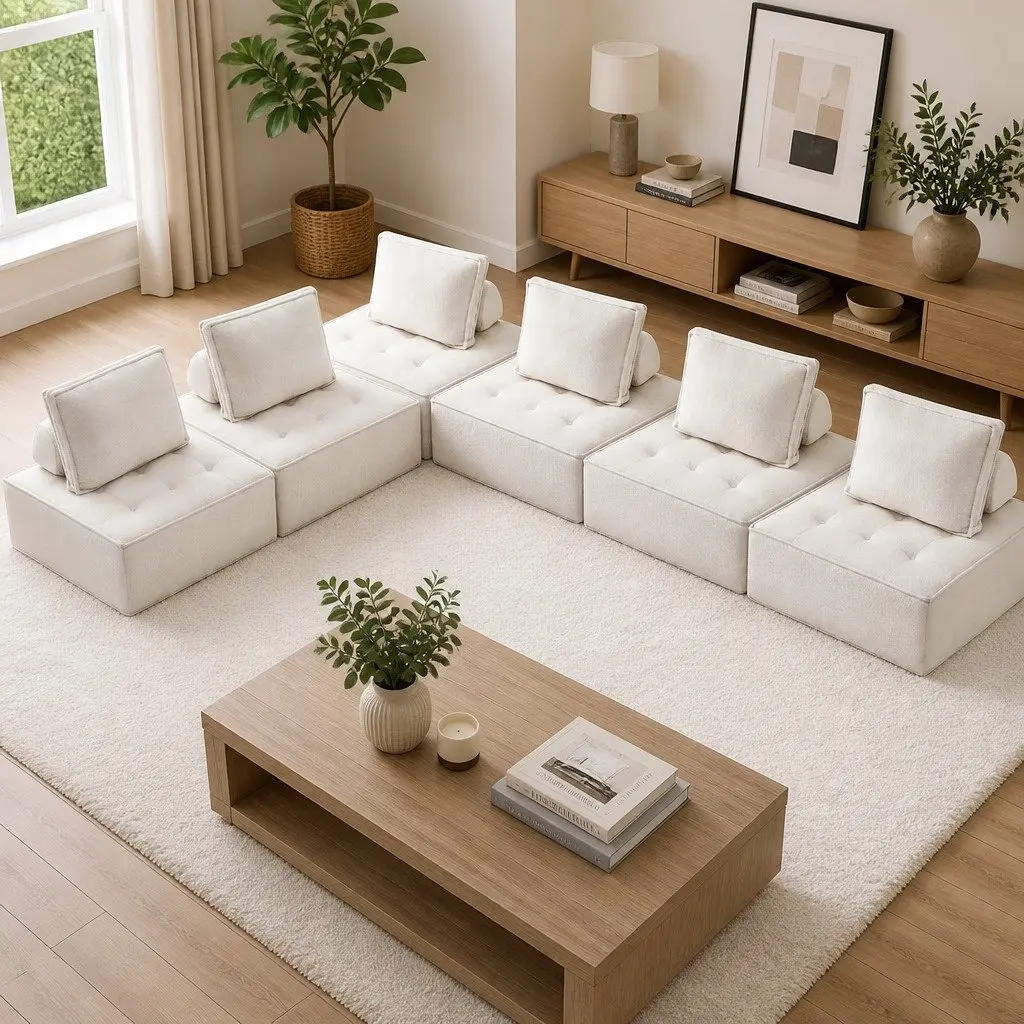 Floor Sofa Lounge Chair White 6 Seater Cotton Plush Removable Pillow