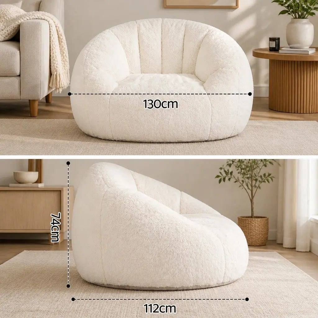 Shell-Shaped Boneless Couch Floor Lounge Chair White Faux Fur 130cm x 112cm x 74cm