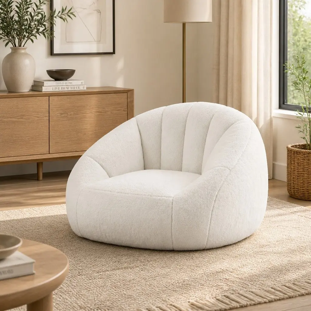 Shell-Shaped Boneless Couch Floor Lounge Chair White Faux Fur 130cm x 112cm x 74cm