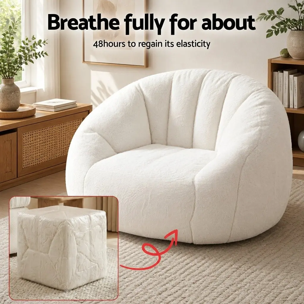 Shell-Shaped Boneless Couch Floor Lounge Chair White Faux Fur 130cm x 112cm x 74cm