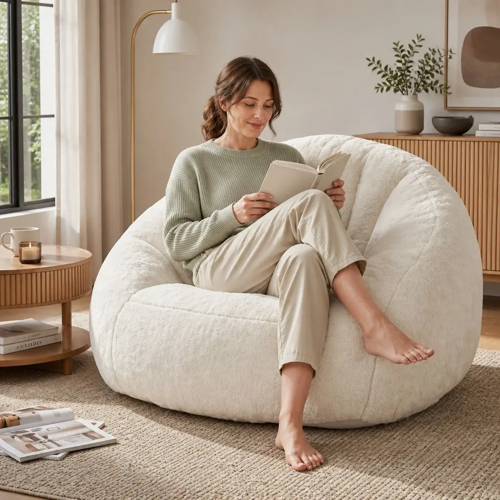 Shell-Shaped Boneless Couch Floor Lounge Chair White Faux Fur 130cm x 112cm x 74cm