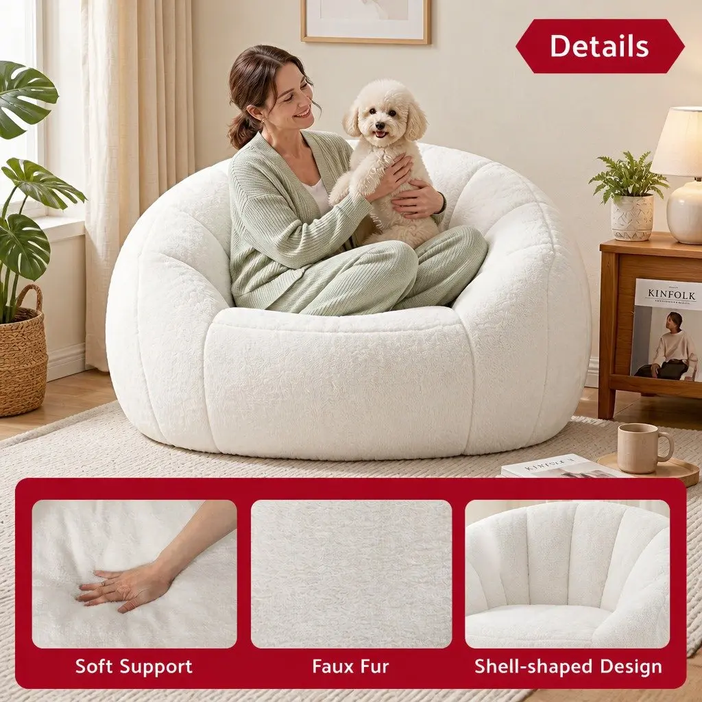 Shell-Shaped Boneless Couch Floor Lounge Chair White Faux Fur 130cm x 112cm x 74cm