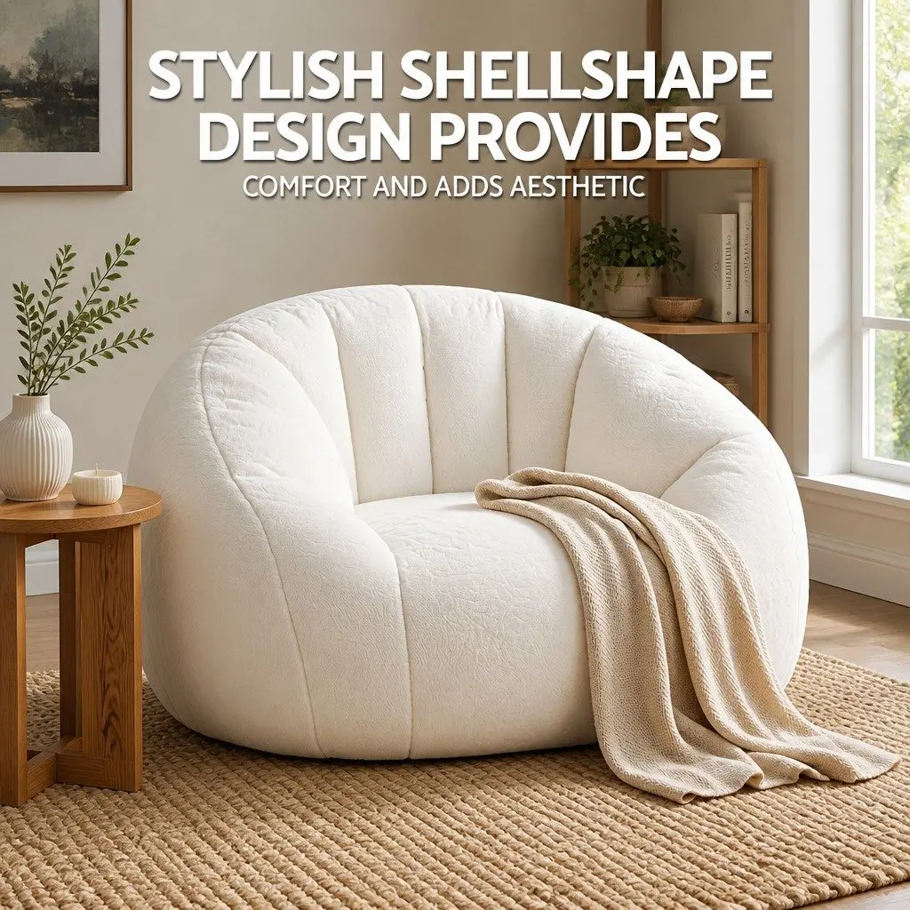 Shell-Shaped Boneless Couch Floor Lounge Chair White Faux Fur 130cm x 112cm x 74cm