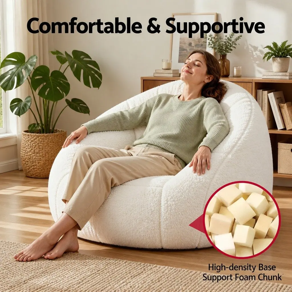 Shell-Shaped Boneless Couch Floor Lounge Chair White Faux Fur 130cm x 112cm x 74cm