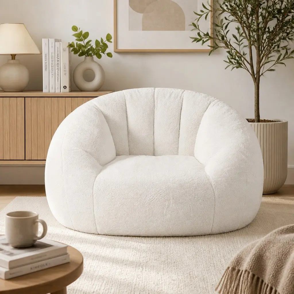 Shell-Shaped Boneless Couch Floor Lounge Chair White Faux Fur 130cm x 112cm x 74cm