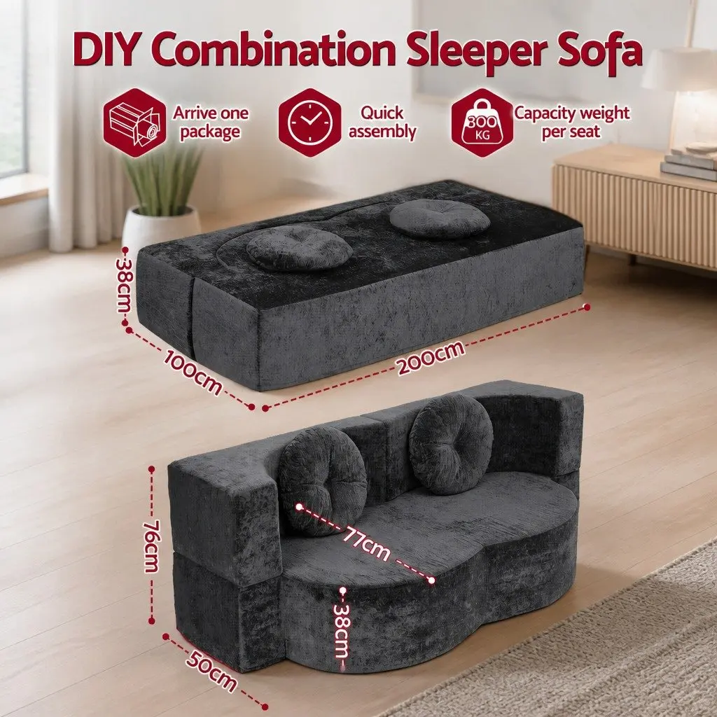 Convertible Sofa Bed Grey Plush Fabric 200cm Boneless Structure