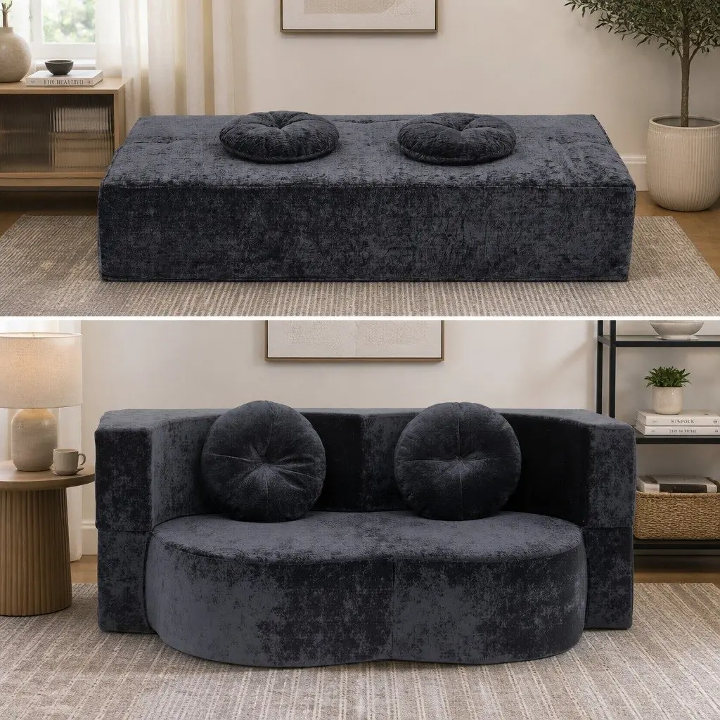 Convertible Sofa Bed Grey Plush Fabric 200cm Boneless Structure