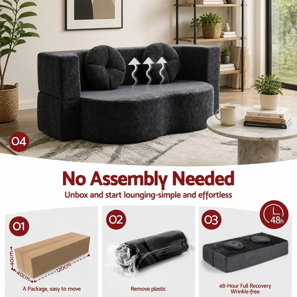 Convertible Sofa Bed Grey Plush Fabric 200cm Boneless Structure