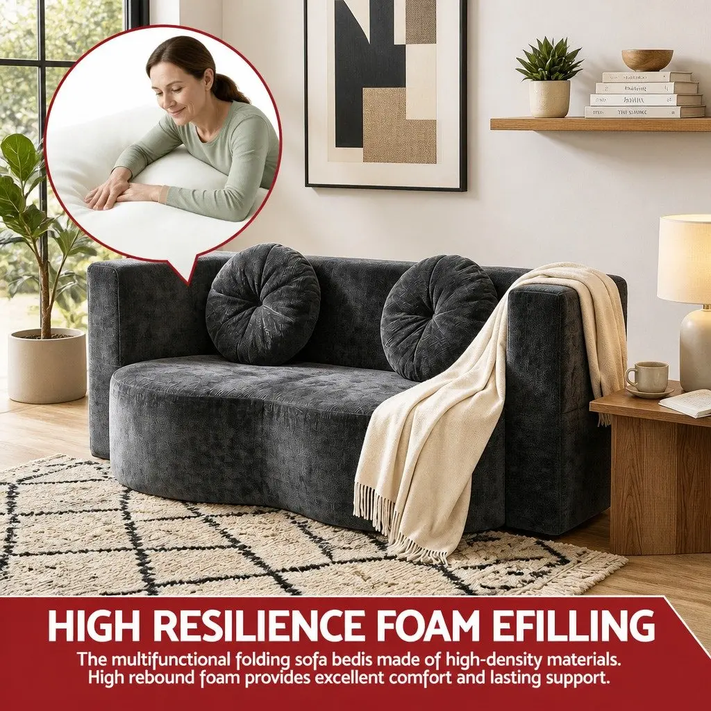 Convertible Sofa Bed Grey Plush Fabric 200cm Boneless Structure
