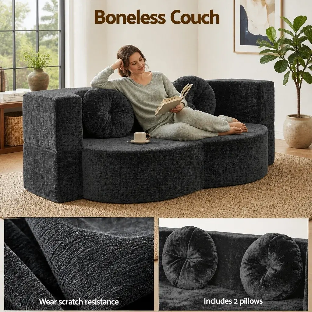 Convertible Sofa Bed Grey Plush Fabric 200cm Boneless Structure