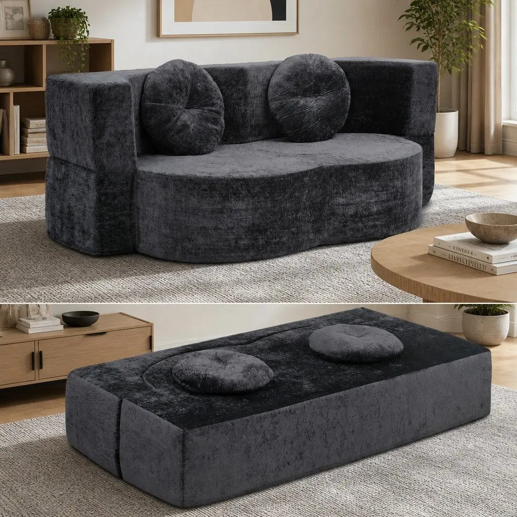Convertible Sofa Bed Grey Plush Fabric 200cm Boneless Structure