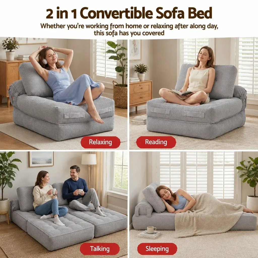 1 Seater Convertible Sofa Bed Pull Out Couch Grey Boneless Design Floor Sleeper