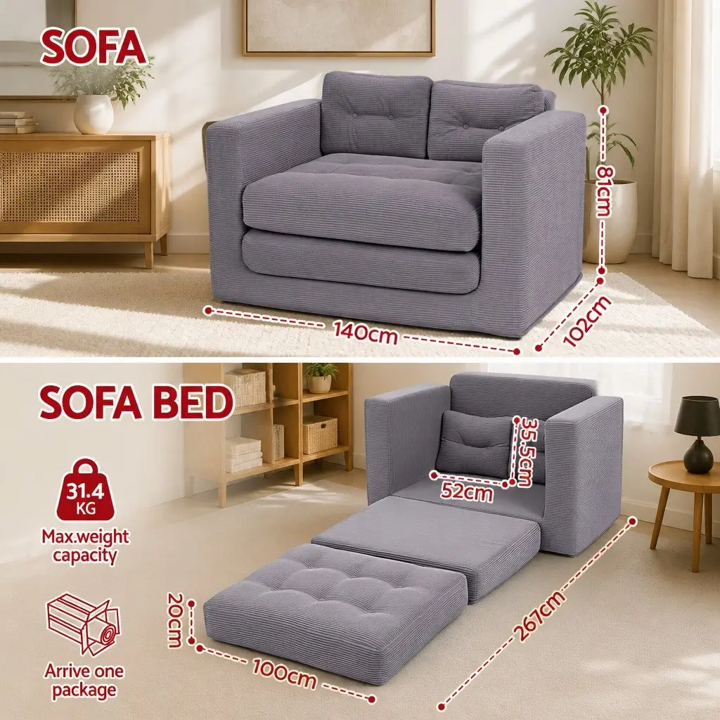 Convertible Sofa Bed Corduroy Grey 2 Seater Boneless Pull Out Couch