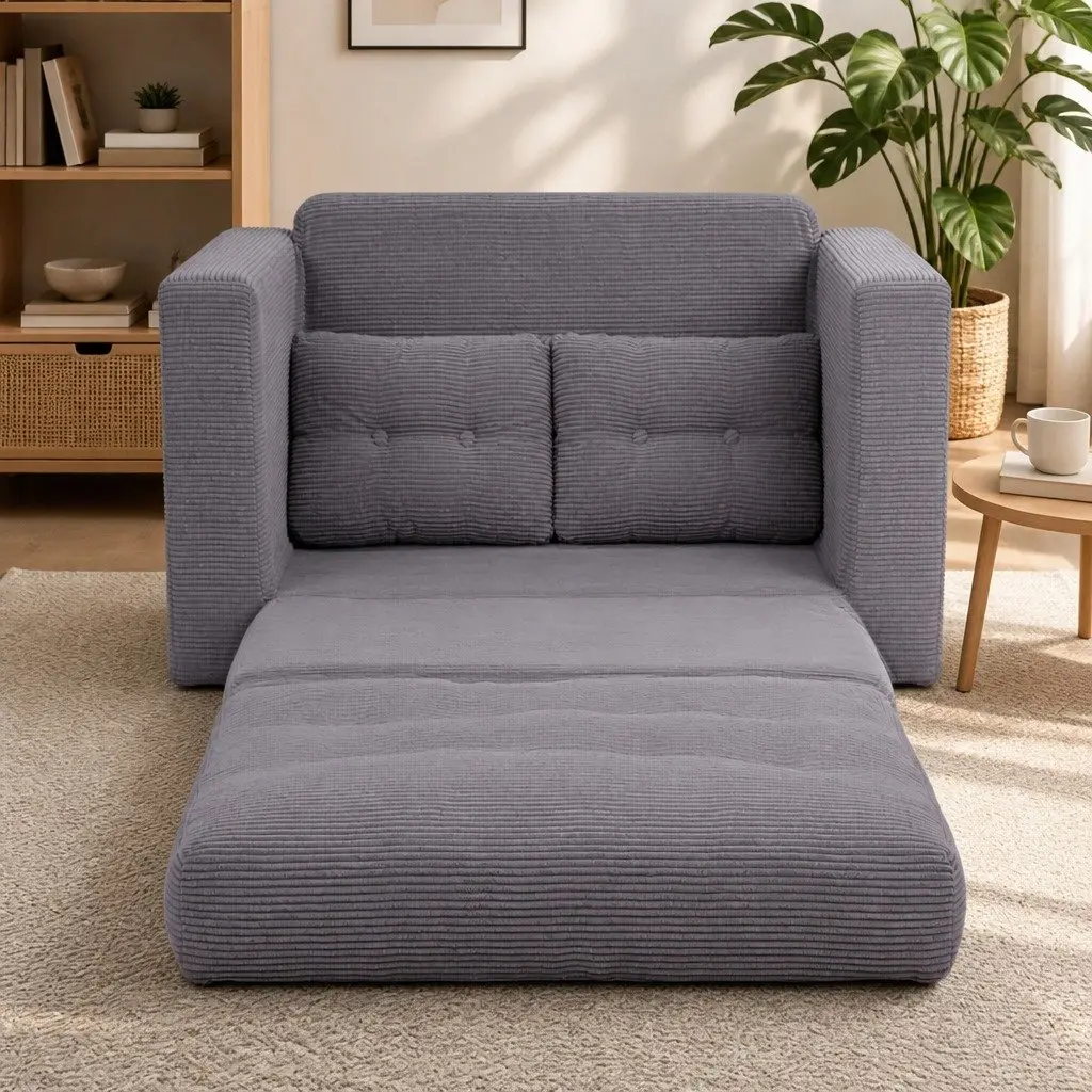 Convertible Sofa Bed Corduroy Grey 2 Seater Boneless Pull Out Couch