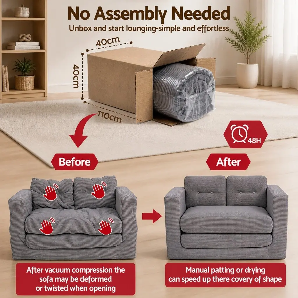 Convertible Sofa Bed Corduroy Grey 2 Seater Boneless Pull Out Couch