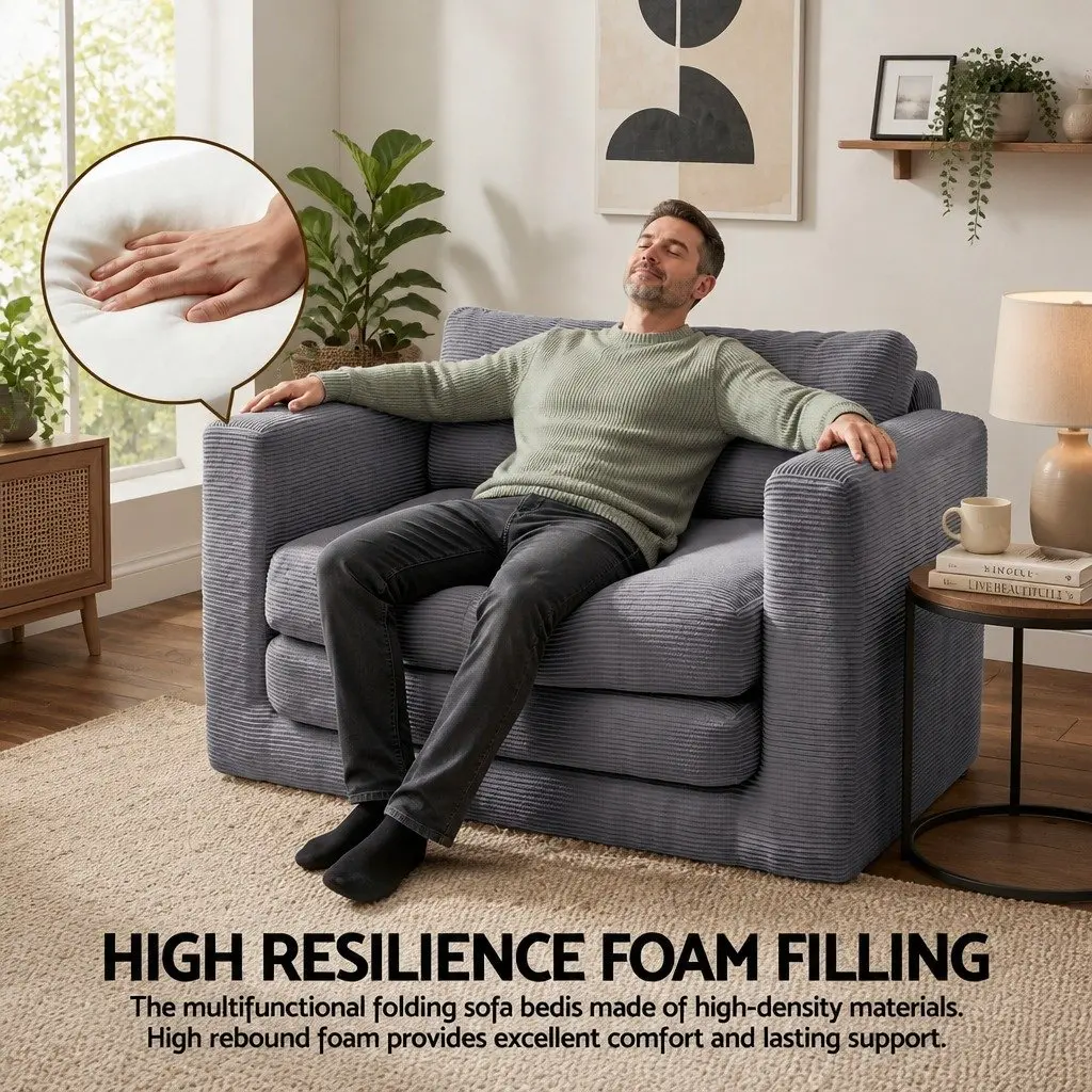 Convertible Sofa Bed Corduroy Grey 2 Seater Boneless Pull Out Couch