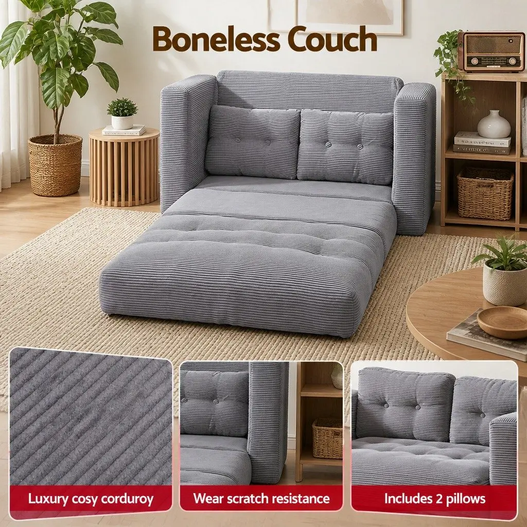 Convertible Sofa Bed Corduroy Grey 2 Seater Boneless Pull Out Couch