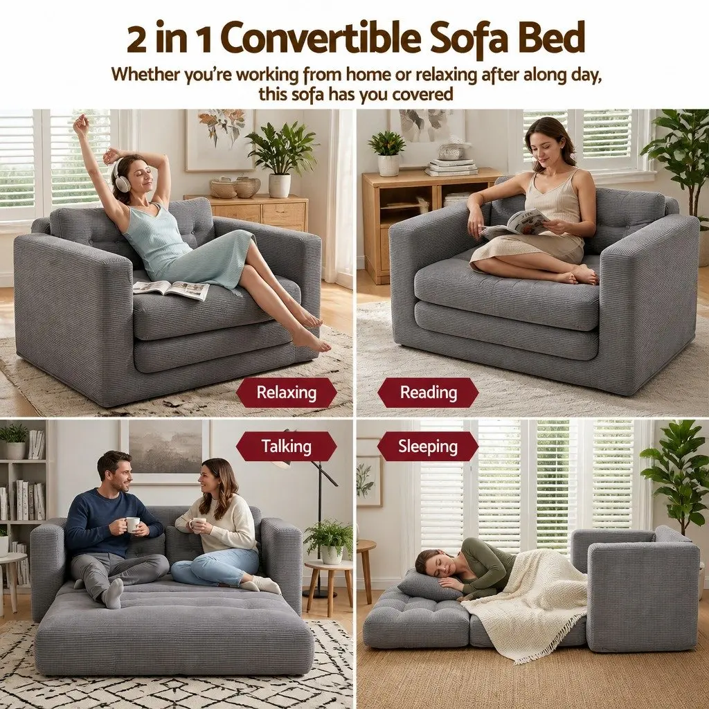 Convertible Sofa Bed Corduroy Grey 2 Seater Boneless Pull Out Couch