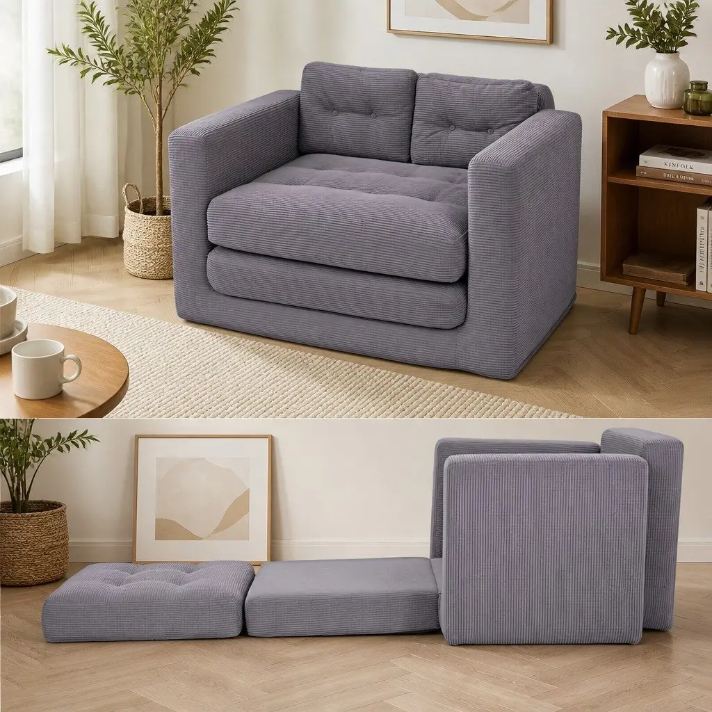 Convertible Sofa Bed Corduroy Grey 2 Seater Boneless Pull Out Couch
