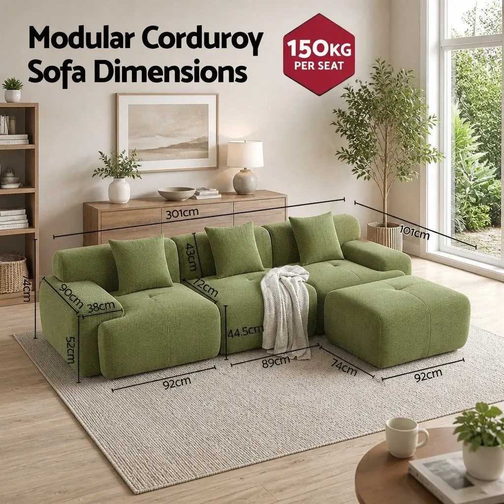 Modular Sofa Bed 300cm L-Shaped Sectional Boneless Couch Green Lounge Furniture