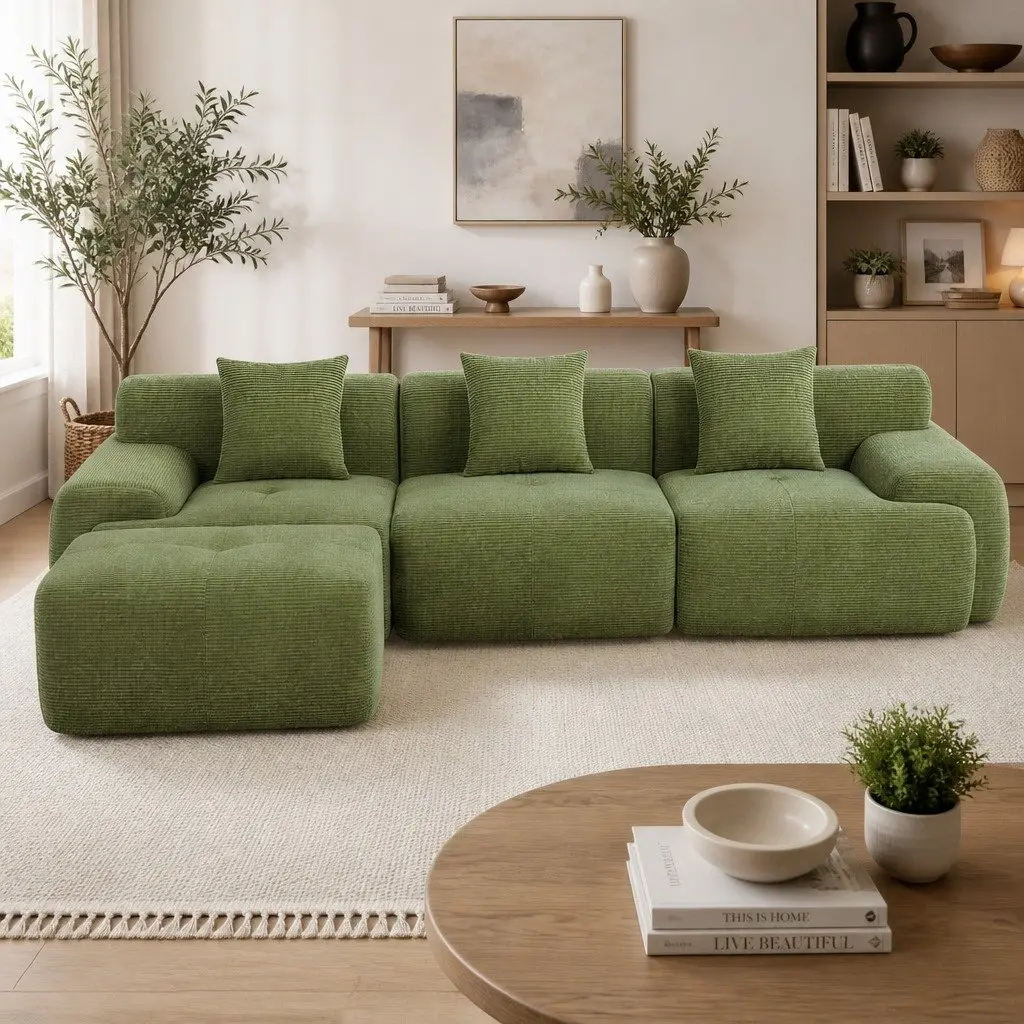 Modular Sofa Bed 300cm L-Shaped Sectional Boneless Couch Green Lounge Furniture