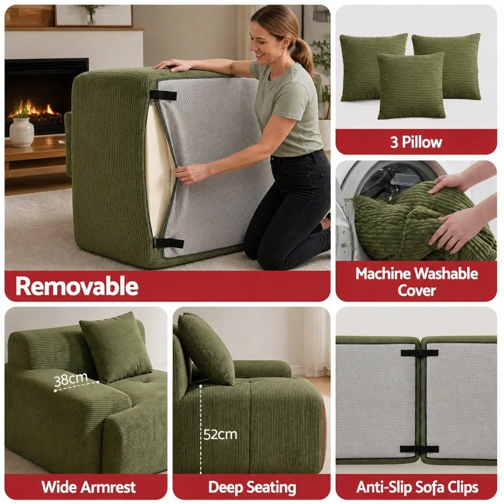 Modular Sofa Bed 300cm L-Shaped Sectional Boneless Couch Green Lounge Furniture