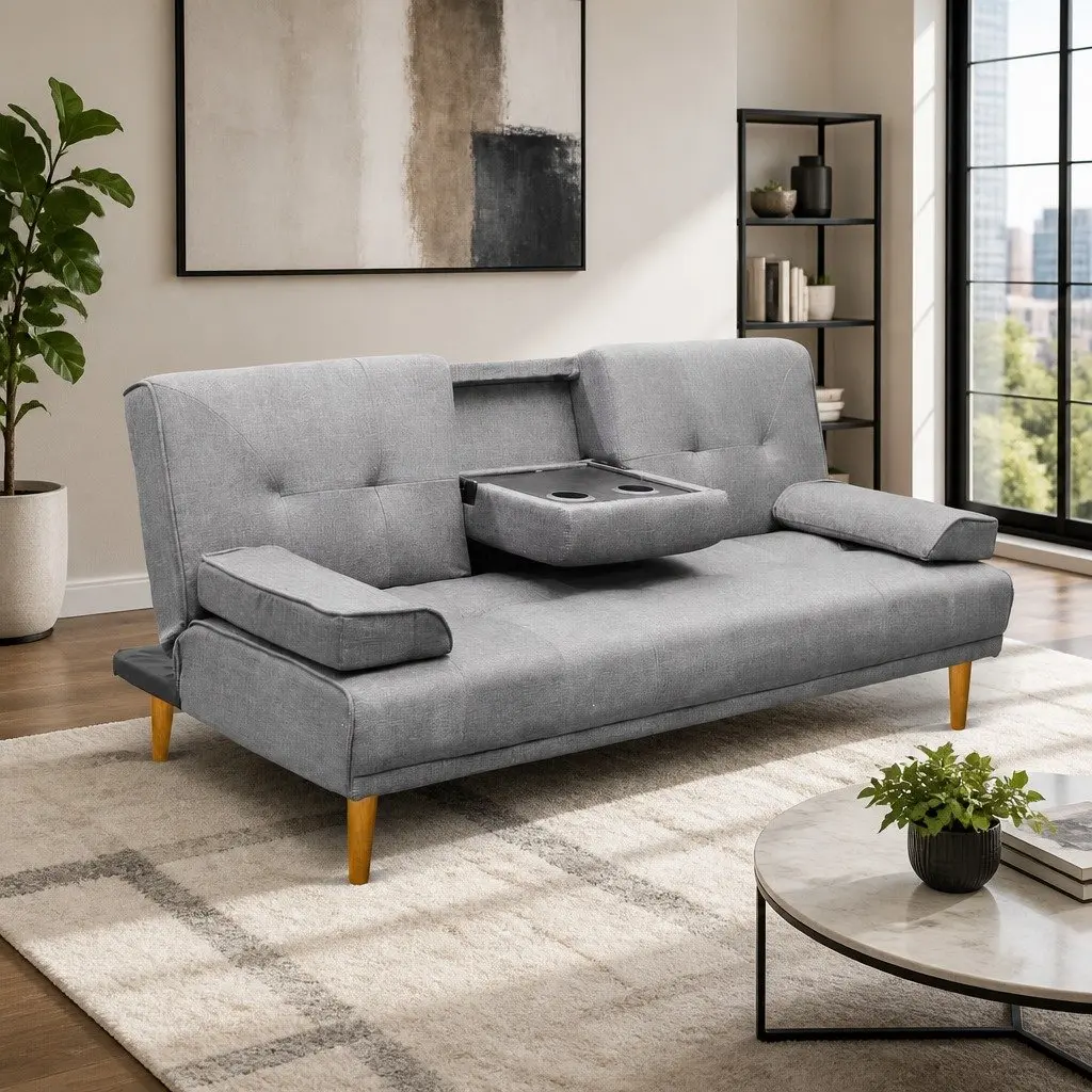 Grey Faux Linen 3-Seater Sofa Bed with Adjustable Backrest