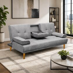 Grey Faux Linen 3-Seater Sofa Bed with Adjustable Backrest