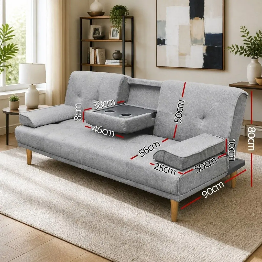 3-Seater Sofa Bed Grey Faux Linen Convertible Couch 188cm Adjustable Backrest