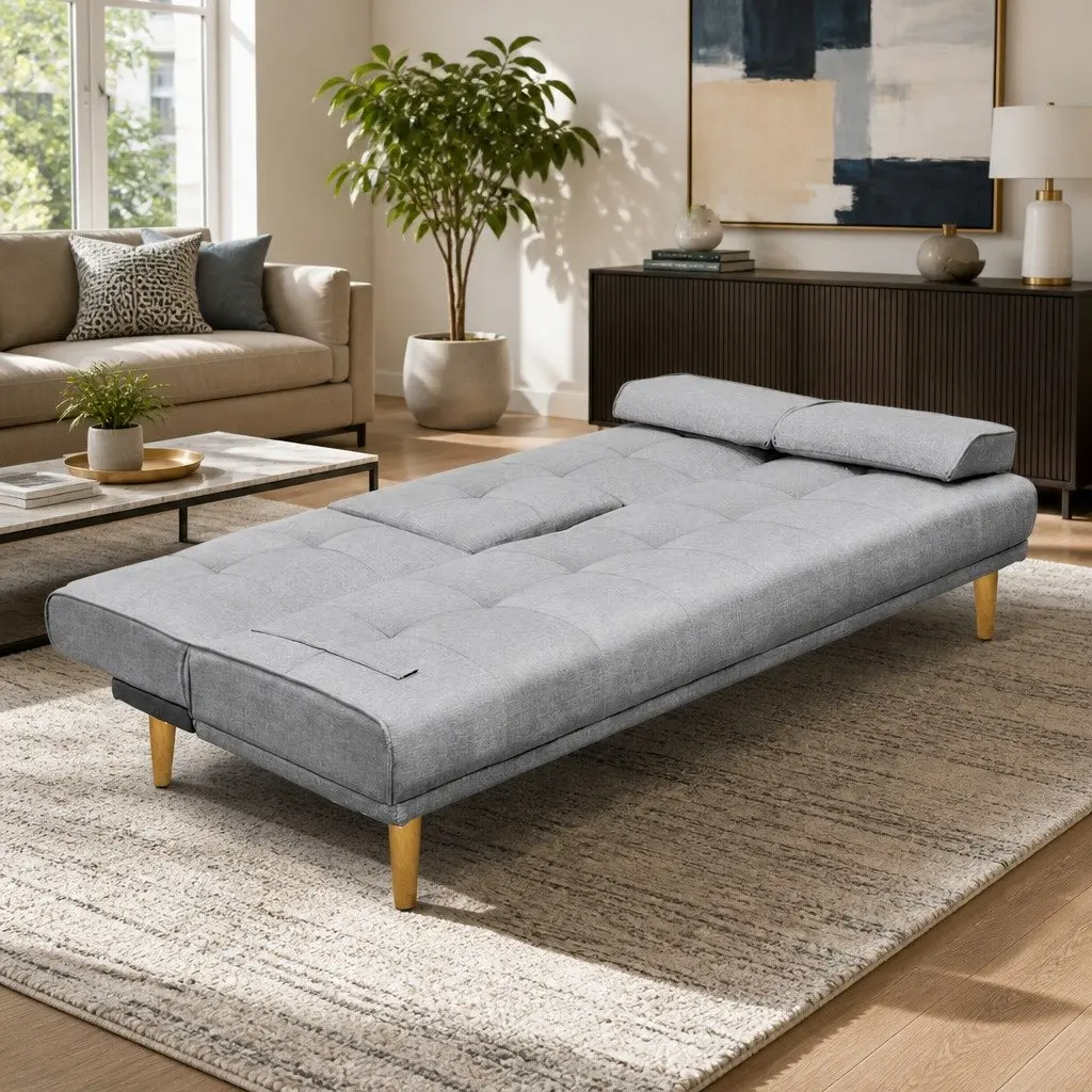 3-Seater Sofa Bed Grey Faux Linen Convertible Couch 188cm Adjustable Backrest