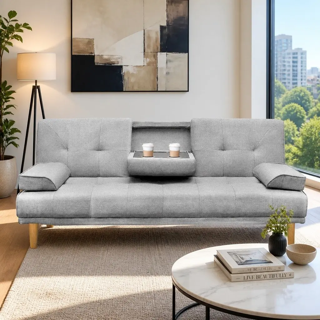 3-Seater Sofa Bed Grey Faux Linen Convertible Couch 188cm Adjustable Backrest
