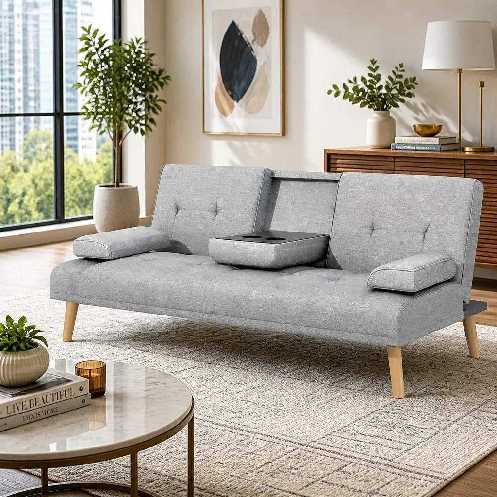 3-Seater Sofa Bed Grey Faux Linen Convertible Couch 188cm Adjustable Backrest