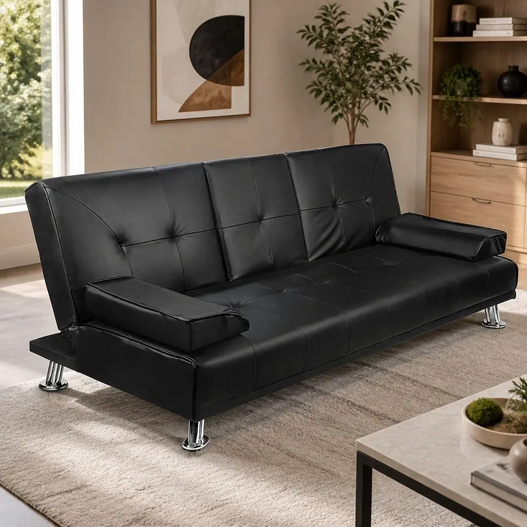 3 Seater Convertible Sofa Bed with Cup Holders in Black