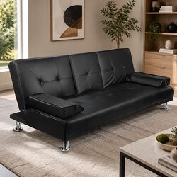 3 Seater Convertible Sofa Bed with Cup Holders in Black