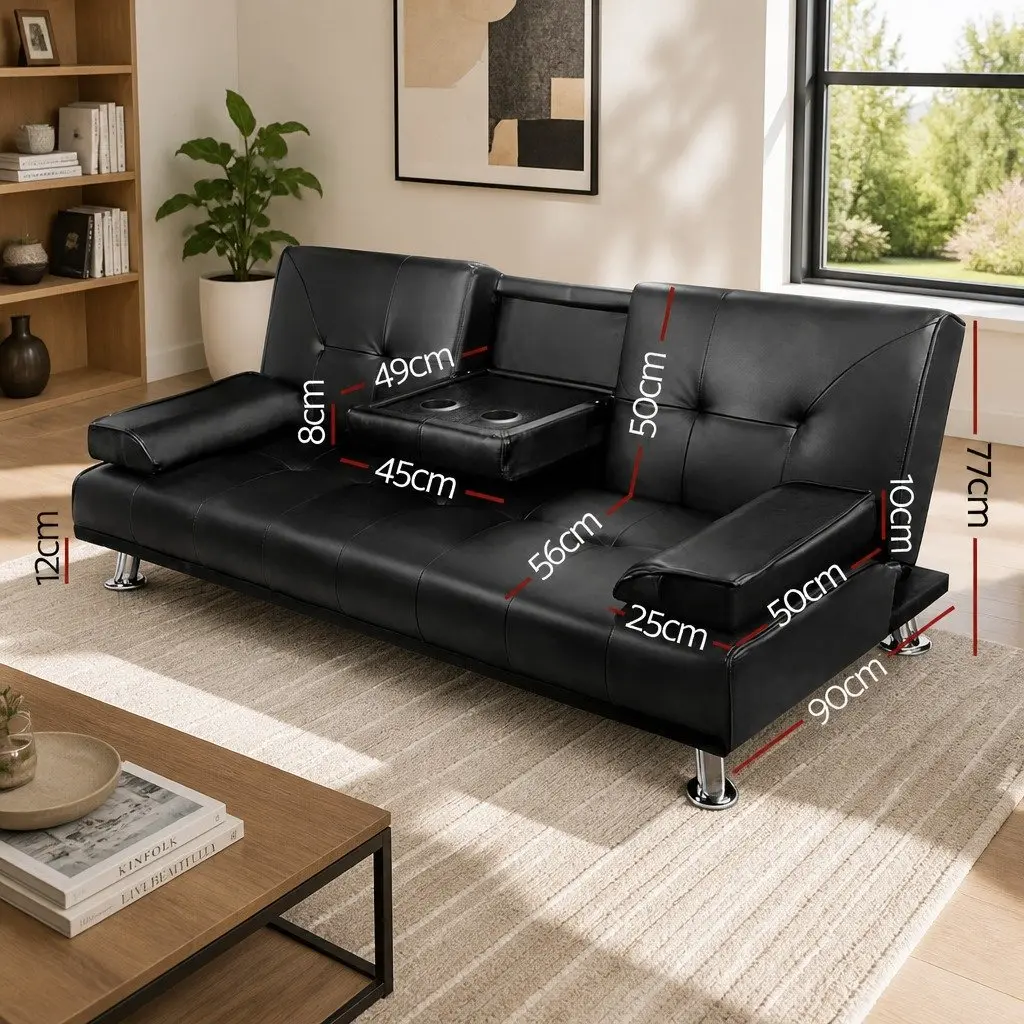 3 Seater Convertible Sofa Bed with Cup Holders in Black