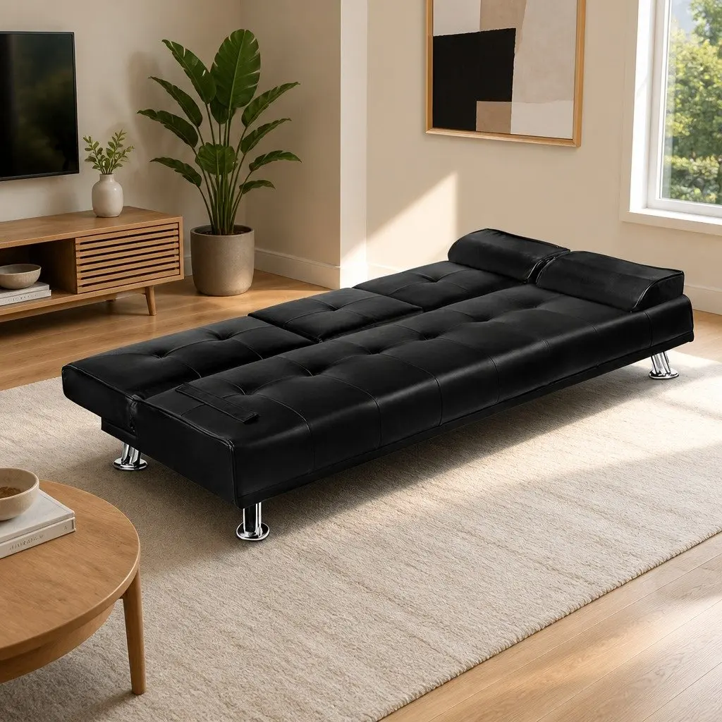 3 Seater Convertible Sofa Bed with Cup Holders in Black
