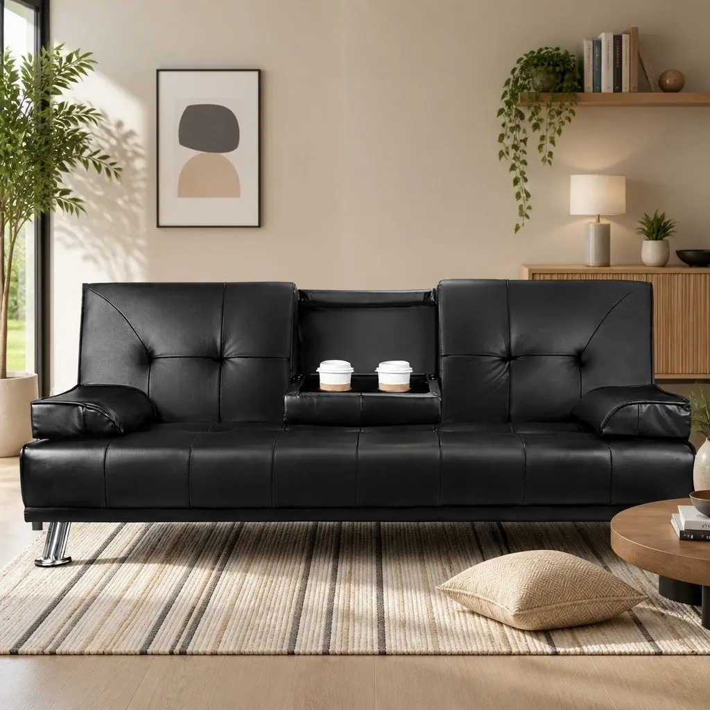 3 Seater Convertible Sofa Bed with Cup Holders in Black