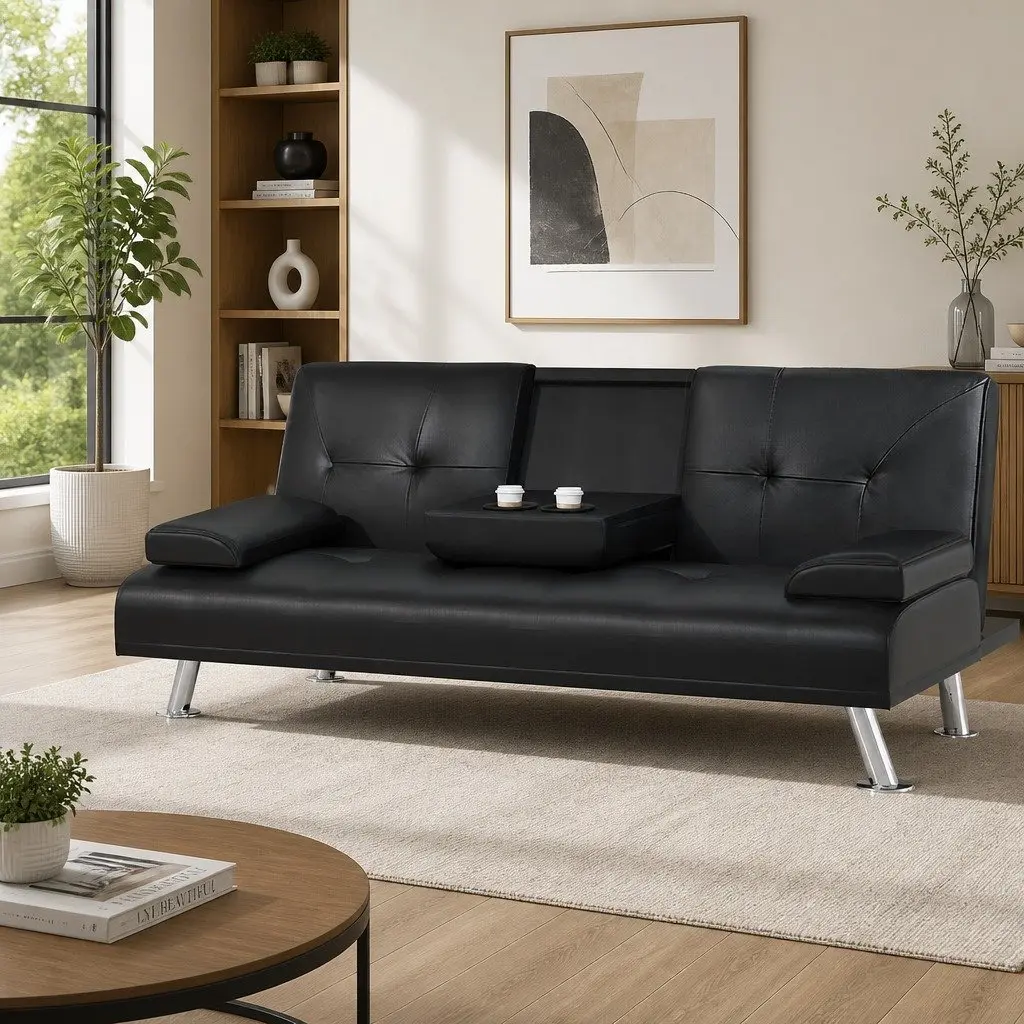 3 Seater Convertible Sofa Bed with Cup Holders in Black