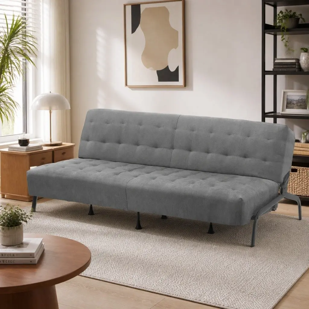 3-Seater Sofa Bed Adjustable Dark Grey Innerspring Lounger 1.9m Metal Frame Polyester Cover
