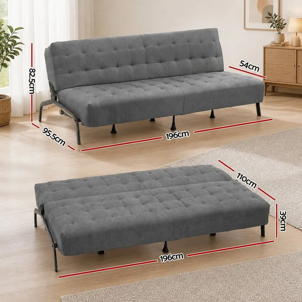 3-Seater Sofa Bed Adjustable Dark Grey Innerspring Lounger 1.9m Metal Frame Polyester Cover