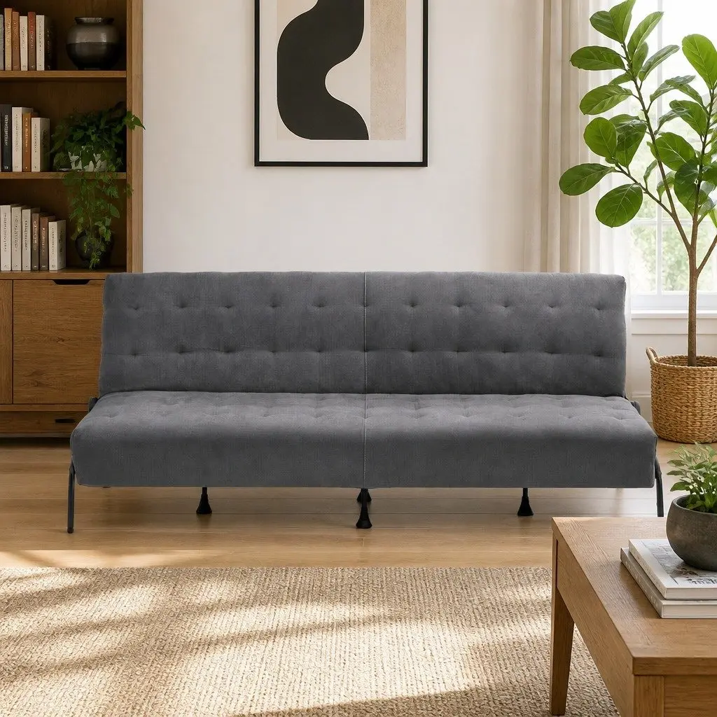 3-Seater Sofa Bed Adjustable Dark Grey Innerspring Lounger 1.9m Metal Frame Polyester Cover