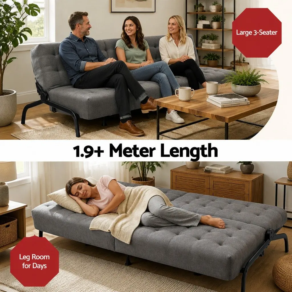 3-Seater Sofa Bed Adjustable Dark Grey Innerspring Lounger 1.9m Metal Frame Polyester Cover