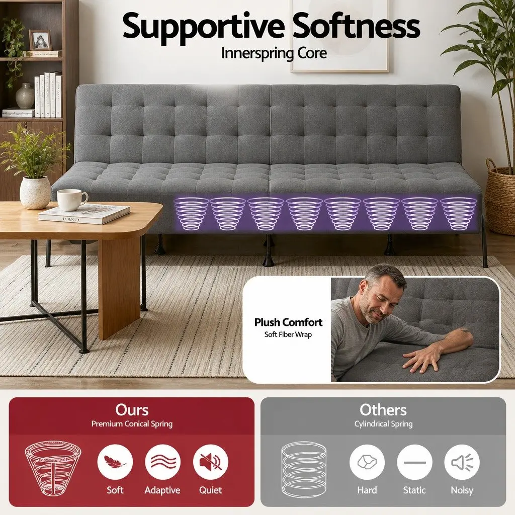 3-Seater Sofa Bed Adjustable Dark Grey Innerspring Lounger 1.9m Metal Frame Polyester Cover