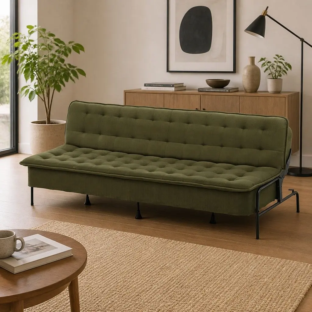 3-Seater Sofa Bed Adjustable Couch Olive Green Polyester Innerspring Futon Living Room Bedroom