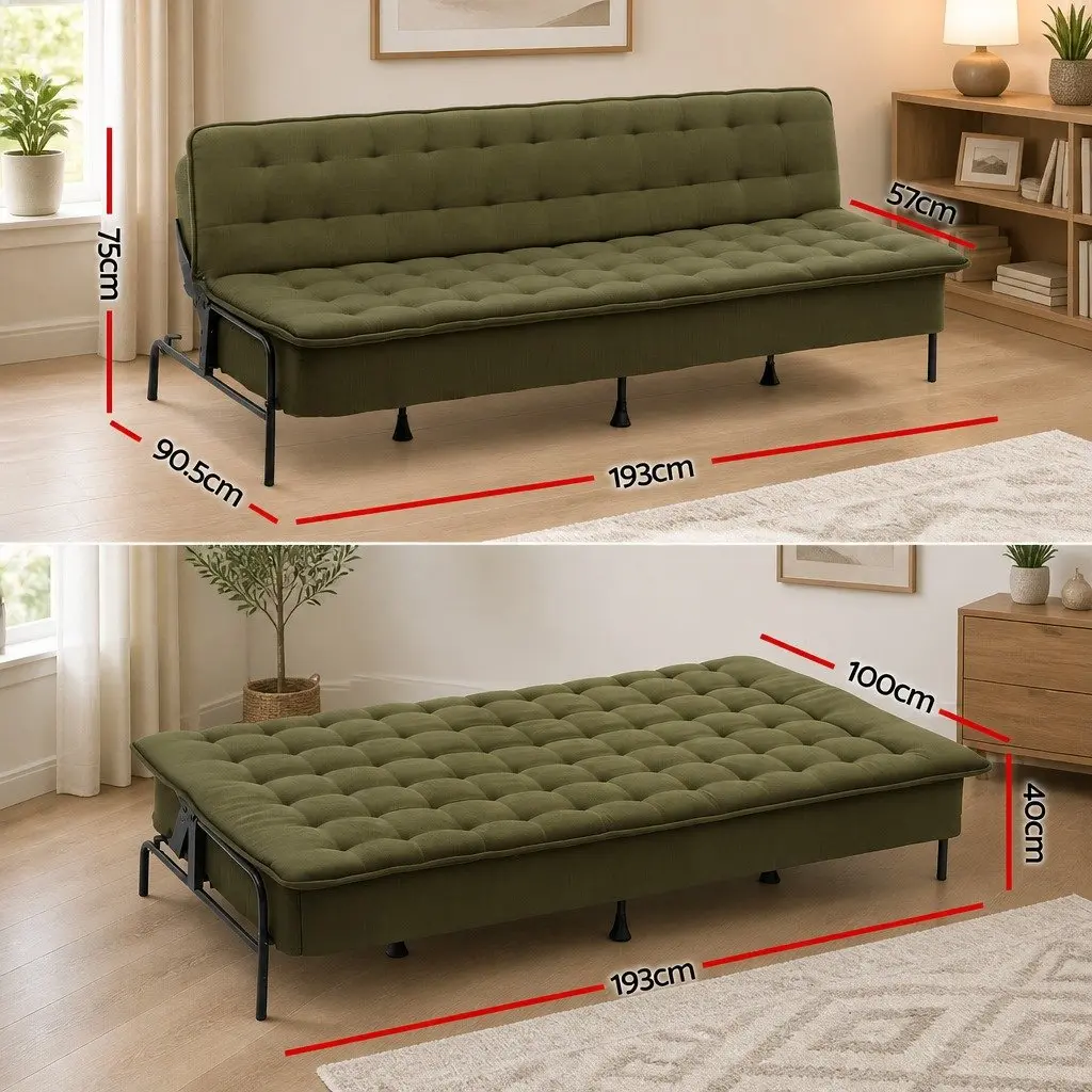 3-Seater Sofa Bed Adjustable Couch Olive Green Polyester Innerspring Futon Living Room Bedroom
