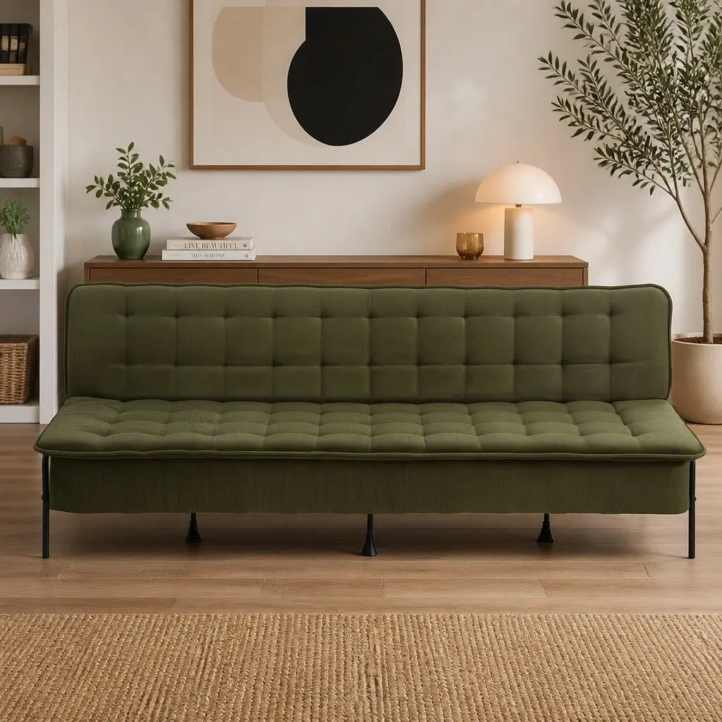 3-Seater Sofa Bed Adjustable Couch Olive Green Polyester Innerspring Futon Living Room Bedroom