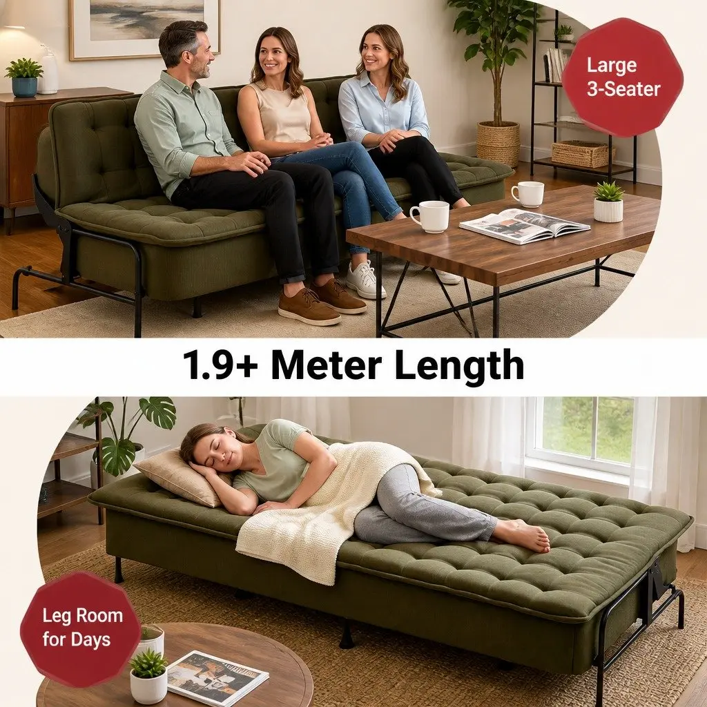 3-Seater Sofa Bed Adjustable Couch Olive Green Polyester Innerspring Futon Living Room Bedroom