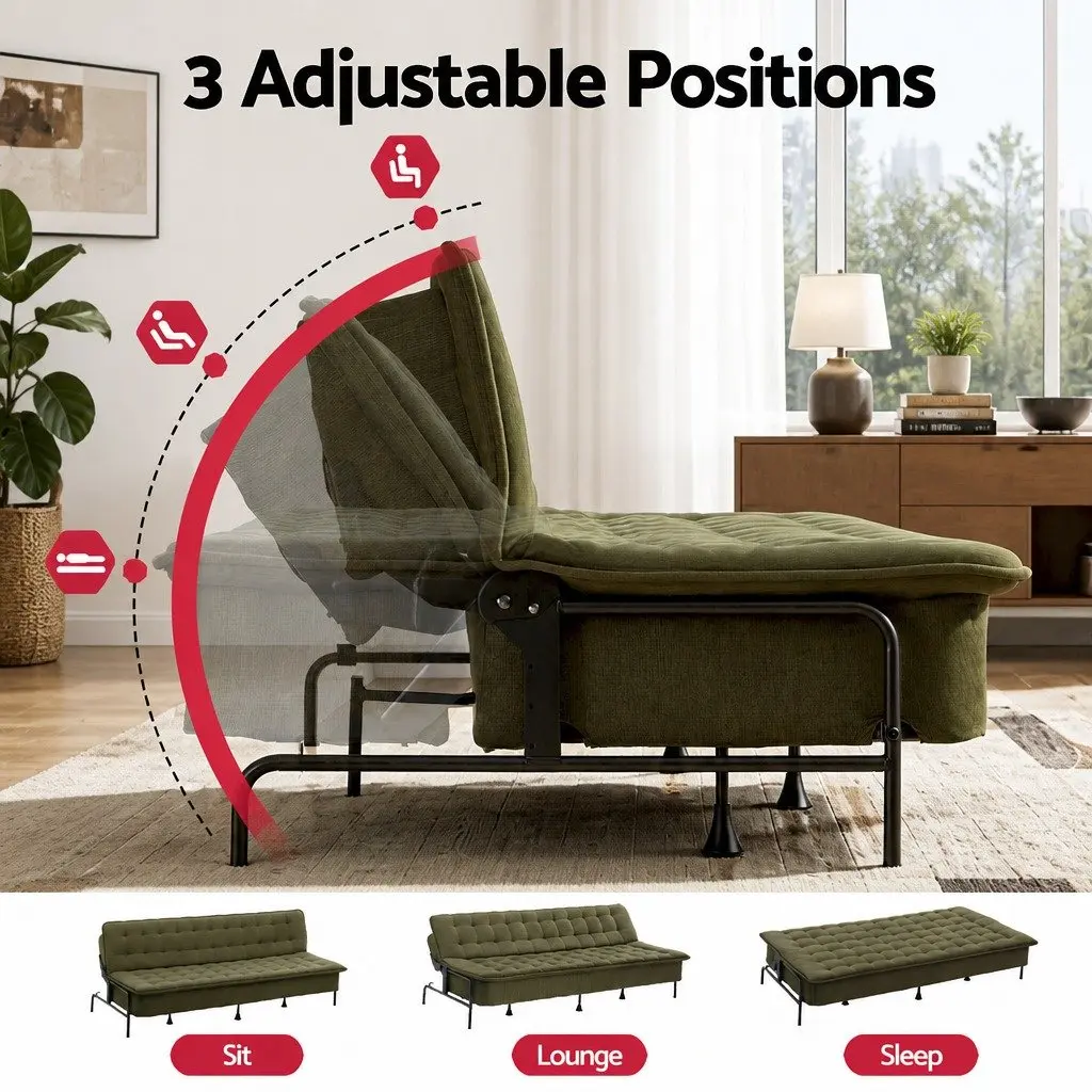 3-Seater Sofa Bed Adjustable Couch Olive Green Polyester Innerspring Futon Living Room Bedroom